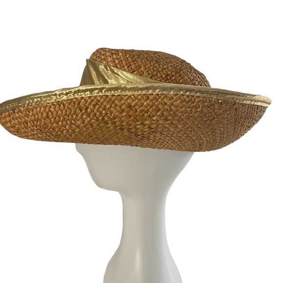VINTAGE HAT 80s CACHÉ Straw Gold Metallic Shiny Lame Band+Rim Sun Beach Hiking - Picture 4 of 12